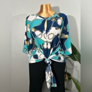 Now N Forever Chain Print Knot Front Blouse - Blue and Teal